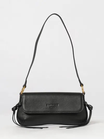 Twinset Calfskin Shoulder Bag With Tassels And Flap Closure In Black