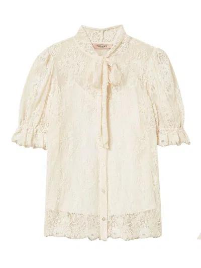 Twinset Lace Bow-collar Shirt In White