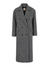 Twinset Grey Double-breasted Coat With With Fishbone Motif In Wool Blend Woman In Multicolor