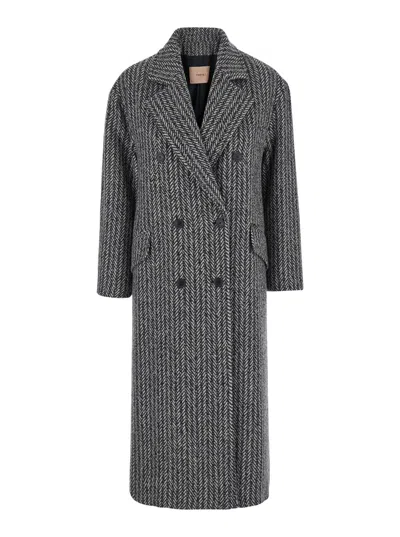 TWINSET GREY DOUBLE-BREASTED COAT WITH WITH FISHBONE MOTIF IN WOOL BLEND WOMAN