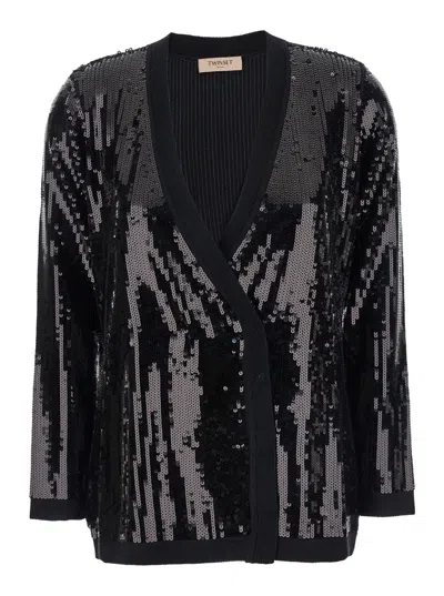 TWINSET BLACK DOUBLE-BREASTED CARDIGAN WITH SEQUINS ALL-OVER IN TECHNICAL FABRIC WOMAN