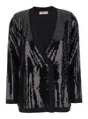 Twinset Black Double-breasted Cardigan With Sequins All-over In Technical Fabric Woman In Black