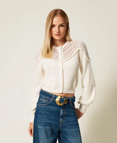 Twinset Cardigan En Laine Mélangée Avec Crochet In Neutral