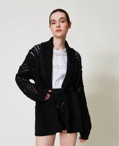 Twinset Cardigan En Maille Ajourée Avec Ceinture In Black