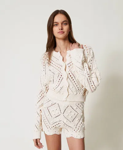 Twinset Cardigan En Maille Ajourée De Coton Mélangé In White