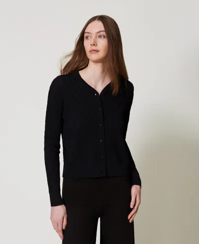 Twinset Cardigan En Maille Avec Losanges In Black