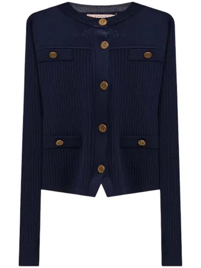 Twinset Cardigan Fitted Ribbed Button Flap Sweater In Blue