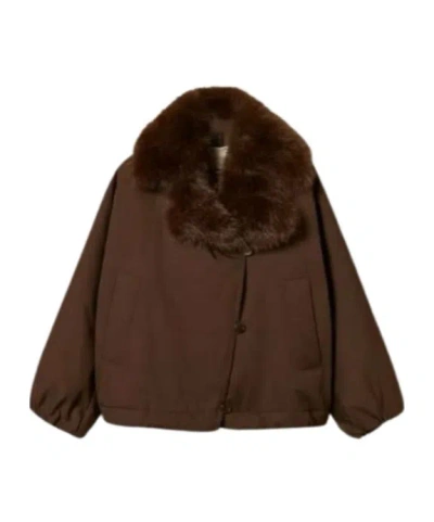 Twinset Casual Jacket With A Faux Fur Collar In Brown