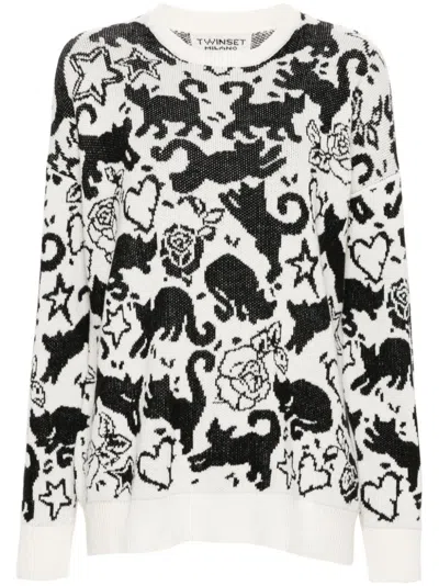 Twinset Cats-jacquard Sweater In Black