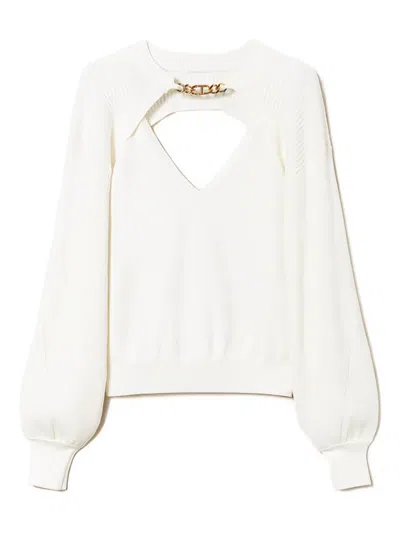Twinset Chain-embellished Ribbed Blouse In White
