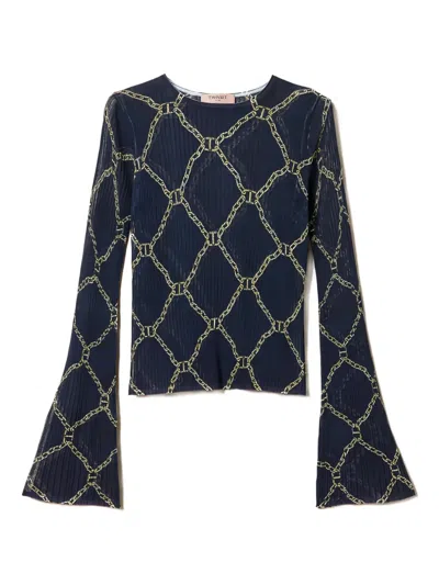 Twinset Chain-print Flared-sleeve Sweater In Blue