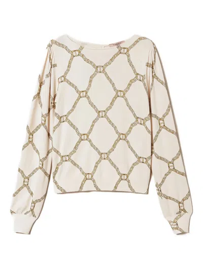 Twinset Chain-print Keyhole Sweater In Neutral