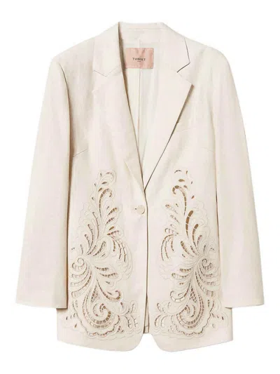 Twinset Linen Blend Jacket With Embroidery In Beige