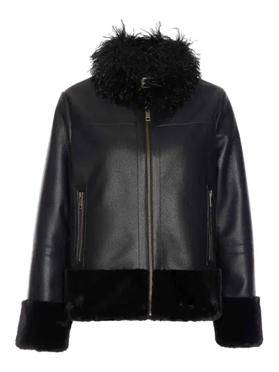 Twinset Blouson Effet Cuir Avec Fausse Fourrure In Black