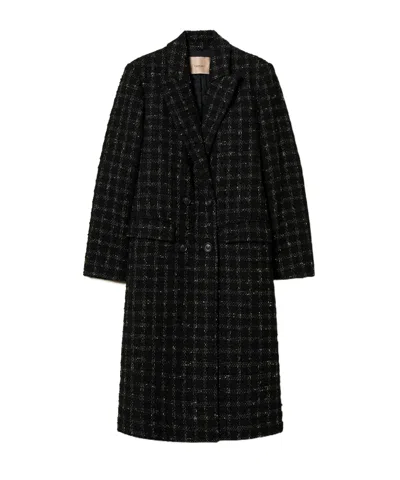 Twinset Check Pattern Bouclé Coat In Black