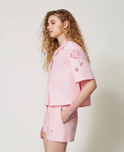 Twinset Chemise Cropped En Popeline Avec Broderie In Pink