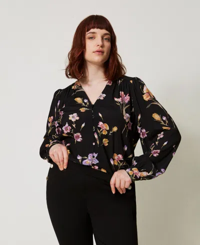 Twinset Chemise En Crêpe De Chine Floral In Black