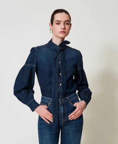 Twinset Chemise En Jean Avec Col Lavallière In Blue