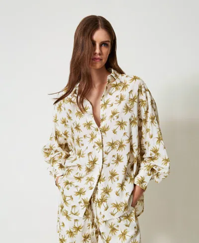 Twinset Chemise En Lin Mélangé Avec Imprimé Palmiers In White