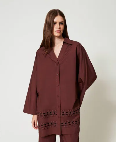 Twinset Chemise En Popeline Avec Crochet In Brown