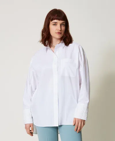 Twinset Chemise Oversize En Popeline Avec Dentelle In White
