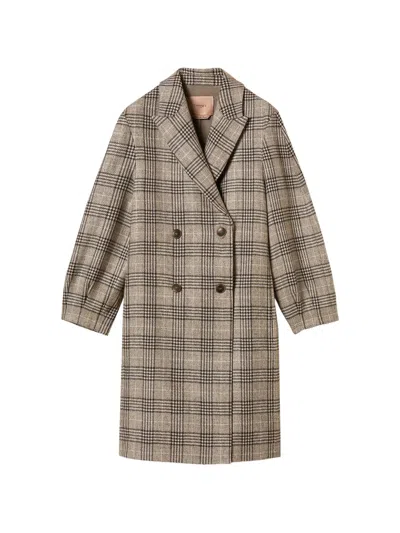 Twinset Chequered Wool Cloth Coat With Sequins In Brown