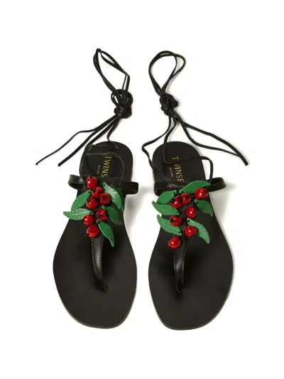 Twinset Cherries-detail Lace-up Sandals In Black
