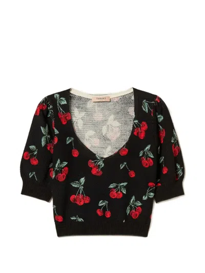 Twinset Cherry-detail Short-sleeve Sweater In Black