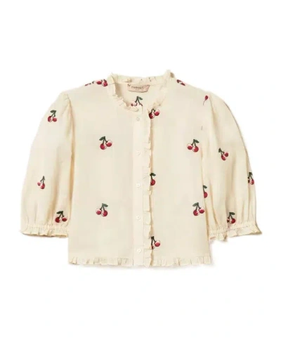 Twinset Cherry Embroidered Short Ramie Shirt In Neutral