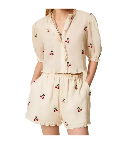 Twinset Ruffled Cherry-embroidery Mini Shorts In White