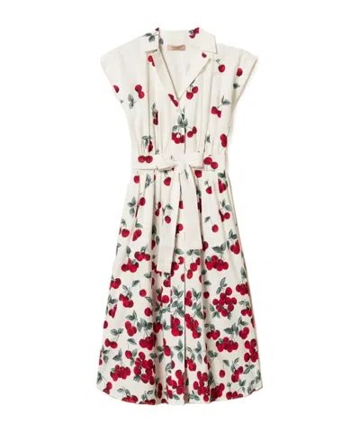 Twinset Cherry Print Poplin Midi Dress In White