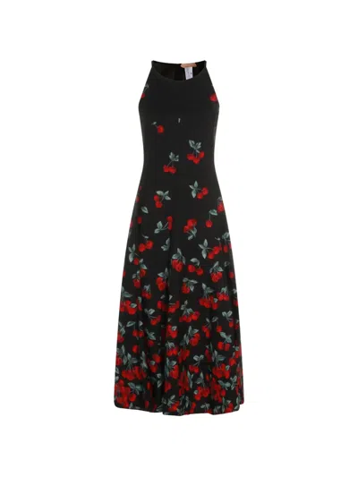 Twinset Black Fitted Midi Cherry Print Dress In Multi