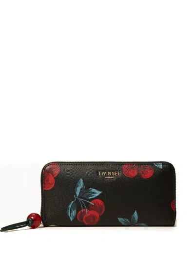 Twinset Cherry-print Zip Wallet In Black
