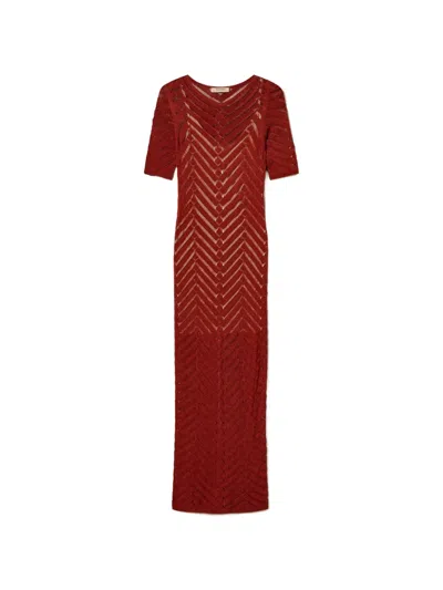 Twinset Long Chevron Knit Dress In Red