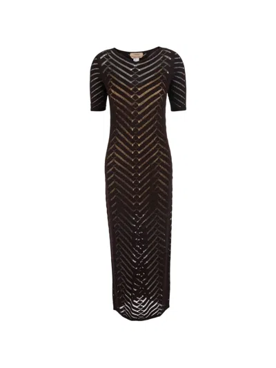 Twinset Chevron-knit Short-sleeve Midi Dress In Brown