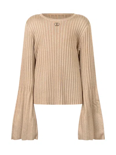 Twinset Twin-set Chic Mini Knit Pullover With Flared Sleeves In Gold Pleats