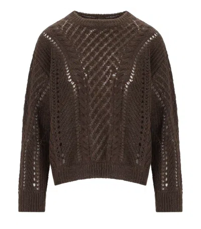Twinset Chocolate Perforated Crewneck Sweater In Brown