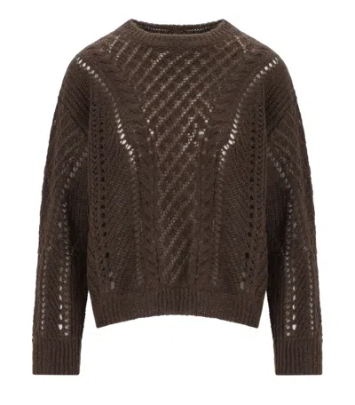 Twinset Chocolate Perforated Crewneck Sweater In Brown