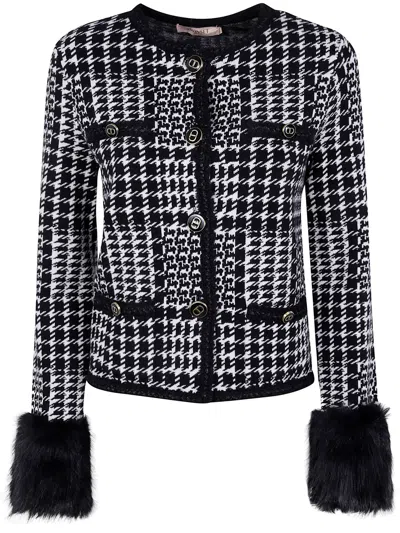 Twinset Knit Jacket With Sophisticated Jacquard Design In Black