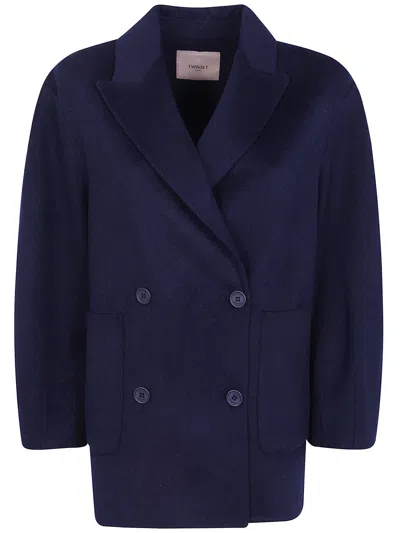 Twinset Double-breasted Long-sleeved Coat In Blue