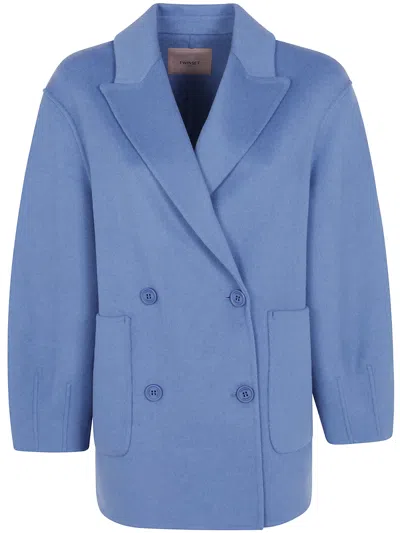 Twinset Double-breasted Long-sleeved Coat In Blue
