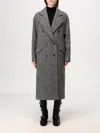 Twinset Grey Double-breasted Coat With With Fishbone Motif In Wool Blend Woman In Schwarz
