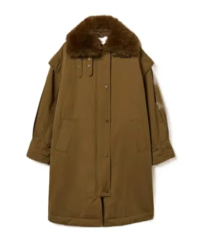 Twinset Coat With Notched Collar And Pockets In Tech Fabric Beige Women In Green