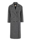 Twinset Grey Double-breasted Coat With With Fishbone Motif In Wool Blend Woman In Neve/nero