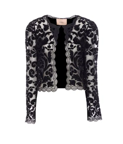 Twinset Floral Lace Velvet Jacket With Sheer Sleeves In Black