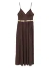Twinset Coffee Brown Cotton Blended Long Dress With Belt Waist In Brown