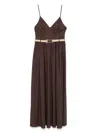 Twinset Coffee Brown Cotton Blended Long Dress With Belt Waist In Brown