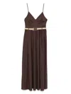 Twinset Coffee Brown Cotton Blended Long Dress With Belt Waist In Marrone