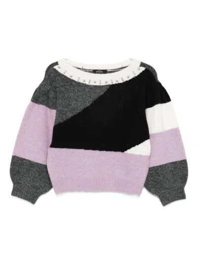TWINSET COLOUR-BLOCK PANELLED KNIT SWEATER WITH EMBELLISHED NECKLINE