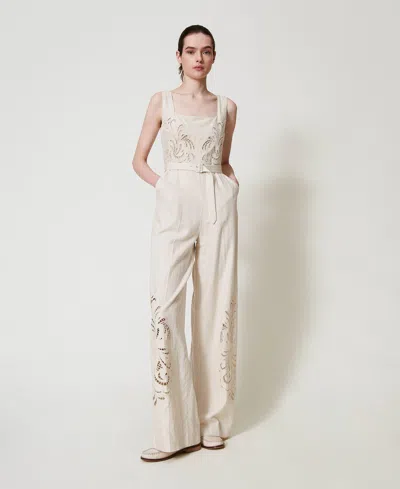 Twinset Combinaison En Lin Mélangé Avec Broderie In Neutral